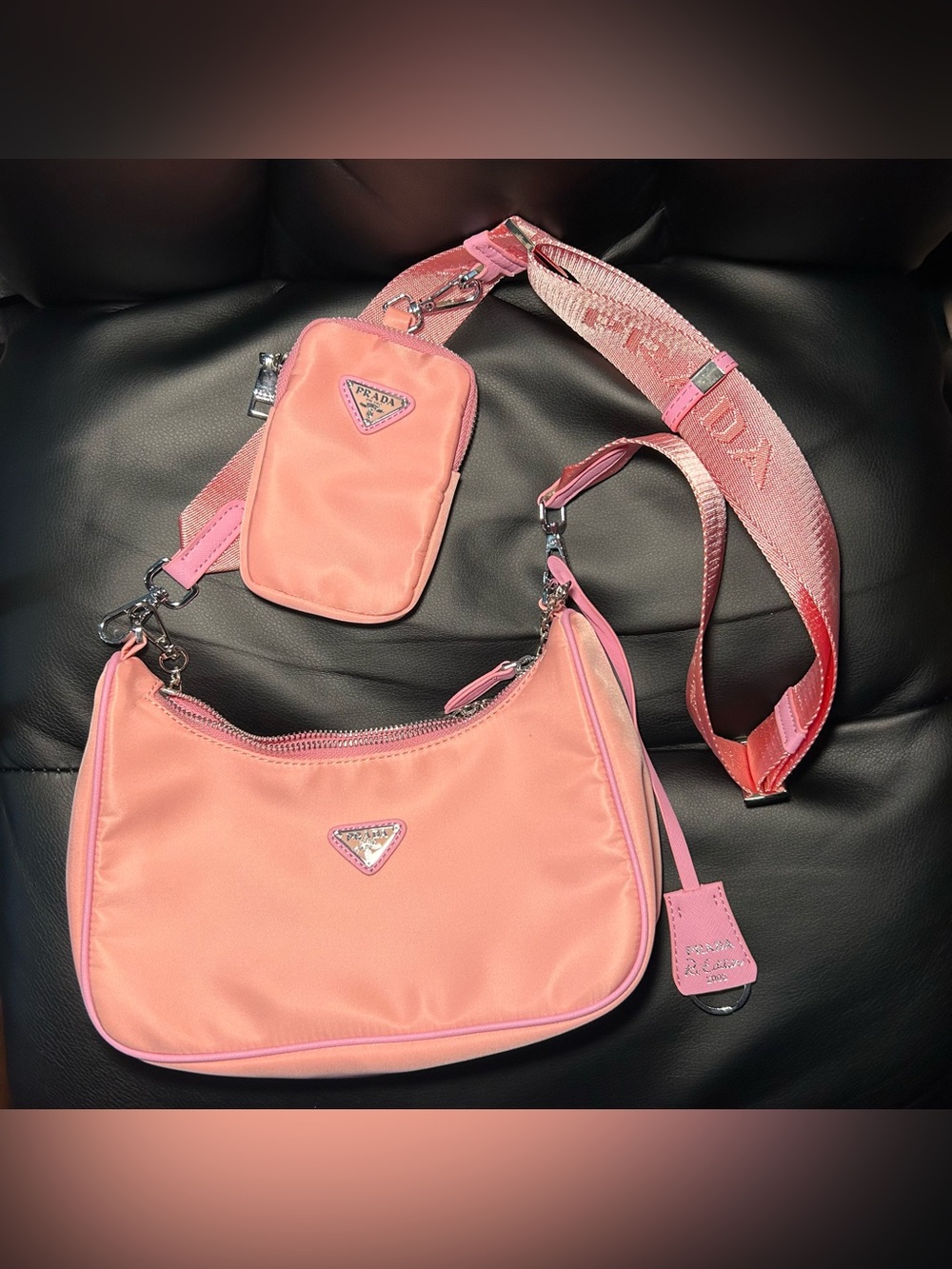Trendy Pink Nylon Shoulder Bag with Strap and Mini Pouch
